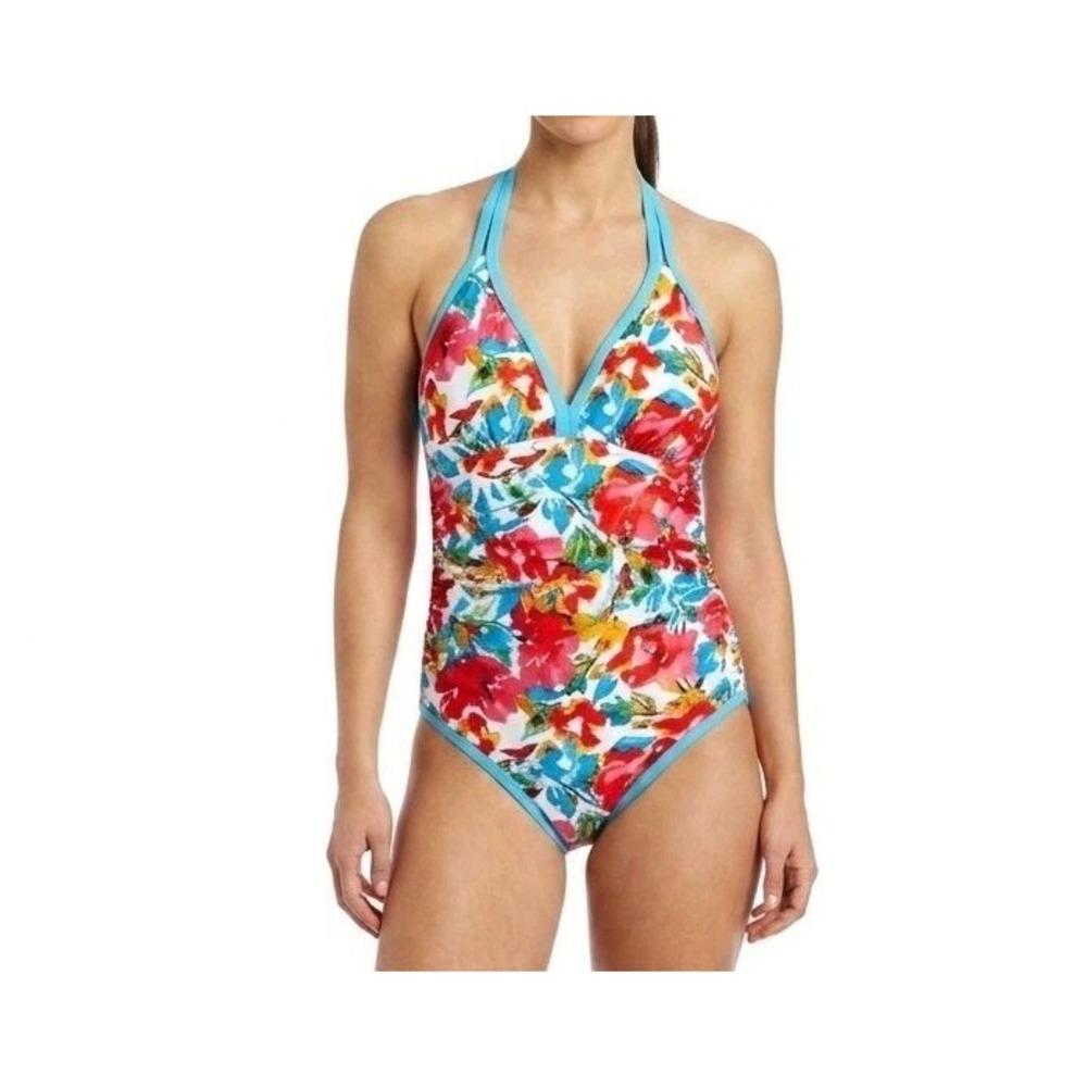 Women's 2XL Floral Halter One-Piece Swimsuit Lined White Orange Red Blue